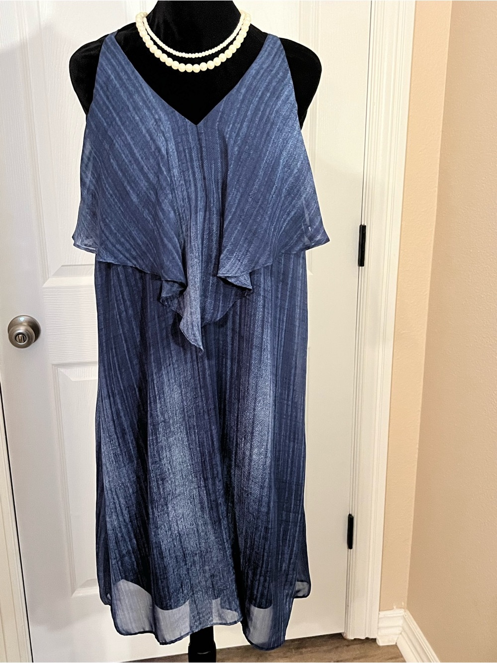 London Times Navy Blue Layered V-Neck Midi Dress